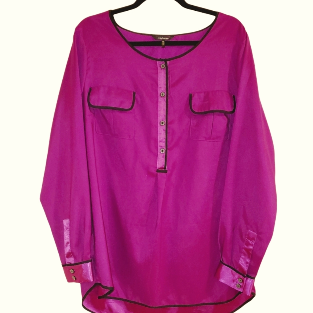 Daisy Fuentes Long Sleeve Magenta & Black Contrast Trim Blouse - Size XL